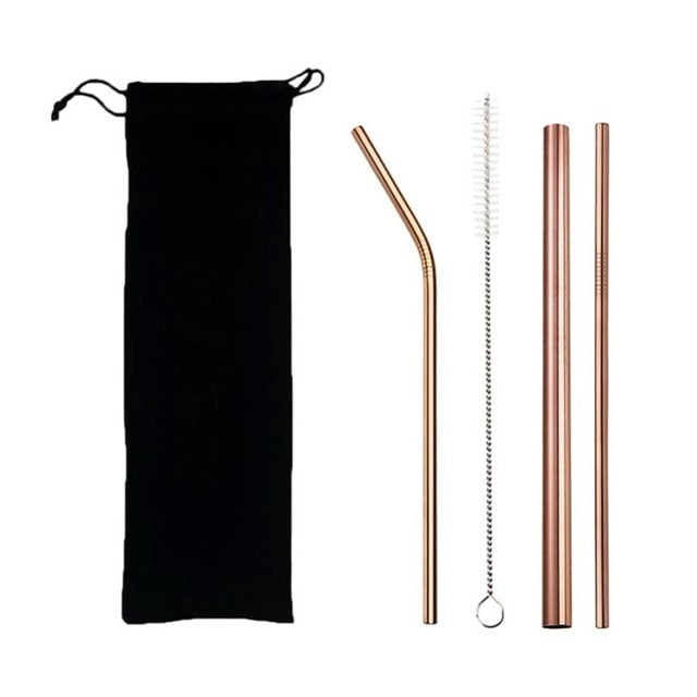 4pcs Eco Friendly Reusable Straw 304 Stainless Steel Straw Metal Smoothies Drinking Straws Set with Brush & Bag