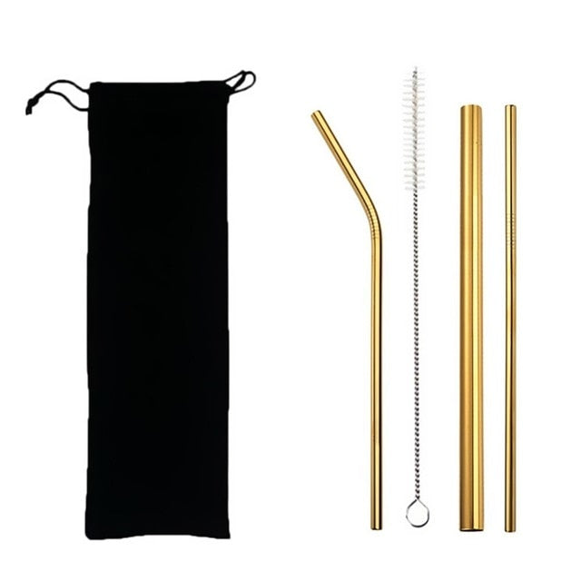 4pcs Eco Friendly Reusable Straw 304 Stainless Steel Straw Metal Smoothies Drinking Straws Set with Brush & Bag