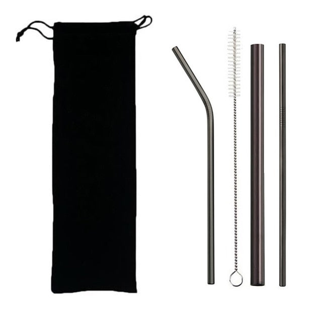 4pcs Eco Friendly Reusable Straw 304 Stainless Steel Straw Metal Smoothies Drinking Straws Set with Brush & Bag