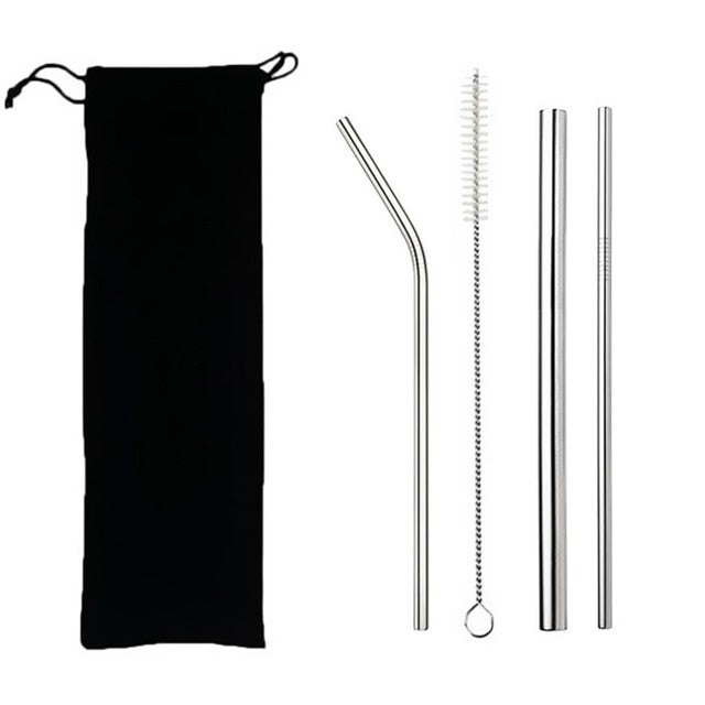 4pcs Eco Friendly Reusable Straw 304 Stainless Steel Straw Metal Smoothies Drinking Straws Set with Brush & Bag