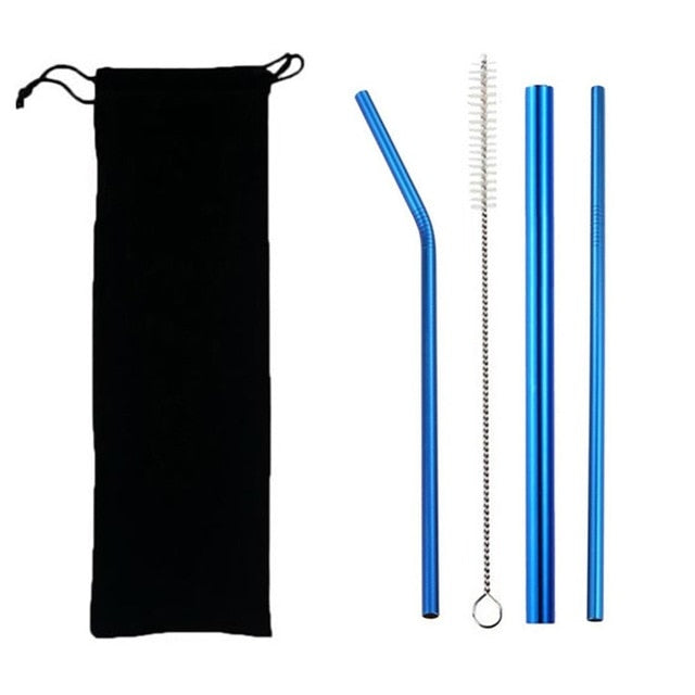 4pcs Eco Friendly Reusable Straw 304 Stainless Steel Straw Metal Smoothies Drinking Straws Set with Brush & Bag