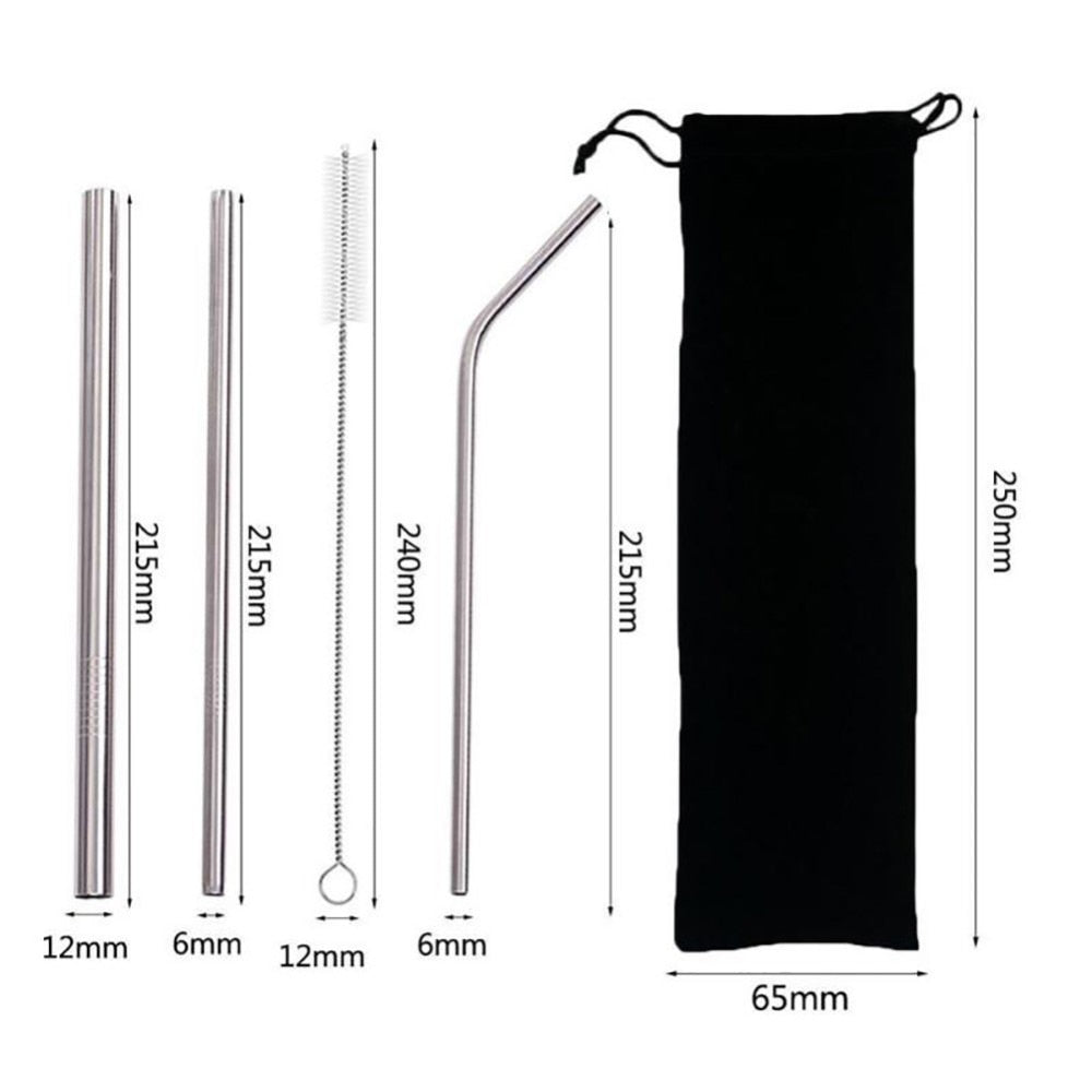 4pcs Eco Friendly Reusable Straw 304 Stainless Steel Straw Metal Smoothies Drinking Straws Set with Brush & Bag