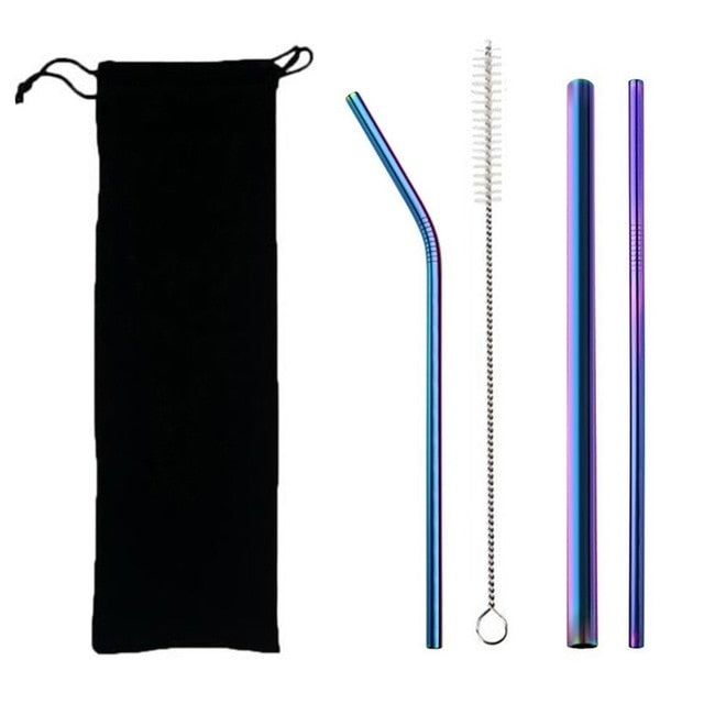 4pcs Eco Friendly Reusable Straw 304 Stainless Steel Straw Metal Smoothies Drinking Straws Set with Brush & Bag